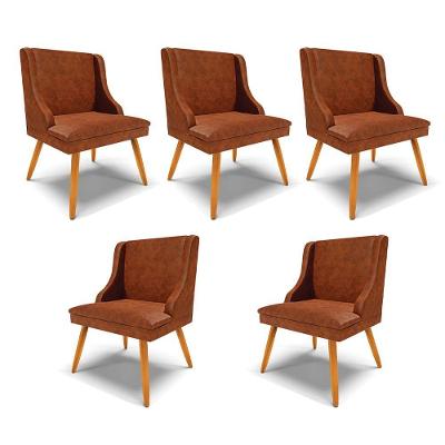 Kit 5 Cadeiras Decorativas Sala De Jantar Pés Palito De Madeira Firenze Pu Nozes/natural G19