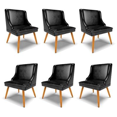 Kit 6 Cadeiras Decorativas Sala De Jantar Pés Palito De Madeira Firenze Pu Preto Brilho/natural G19 - Gran Belo