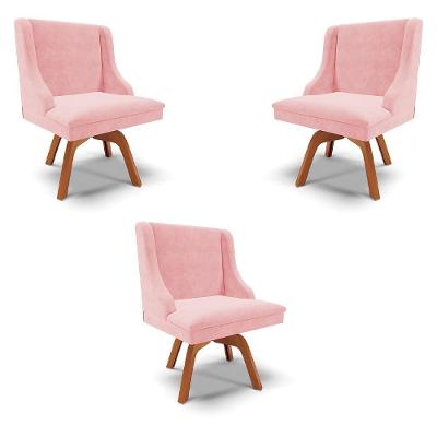 Kit 3 Cadeiras Decorativas Sala De Jantar Base Giratória De Madeira Firenze Suede Rosa Bebê/natural G19 - Gran Belo