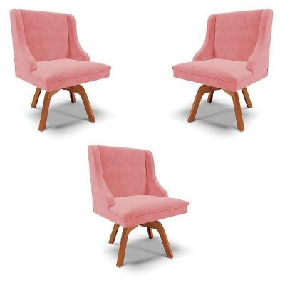 Kit 3 Cadeiras Decorativas Sala De Jantar Base Giratória De Madeira Firenze Suede Rosê/natural G19 - Gran Belo