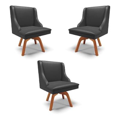 Kit 3 Cadeiras Decorativas Sala De Jantar Base Giratória De Madeira Firenze Pu Preto Fosco/natural G19 - Gran Belo