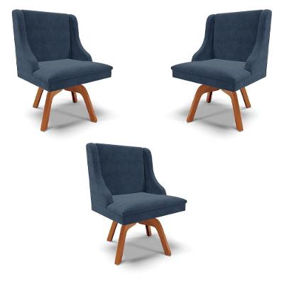 Kit 3 Cadeiras Decorativas Sala De Jantar Base Giratória De Madeira Firenze Suede Azul Marinho/natural G19 - Gran Belo