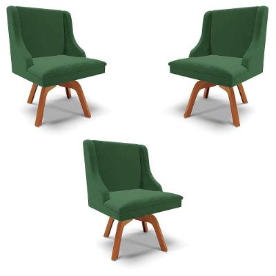Kit 3 Cadeiras Decorativas Sala De Jantar Base Giratória De Madeira Firenze Veludo Verde/natural G19 - Gran Belo