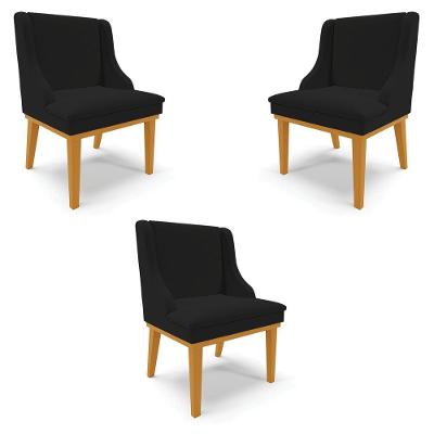 Kit 3 Cadeiras Decorativas Sala De Jantar Base Fixa De Madeira Firenze Linho Preto/castanho G19