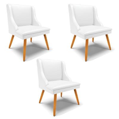 Kit 3 Cadeiras Decorativas Sala De Jantar Pés Palito De Madeira Firenze Pu Branco Fosco/natural G19