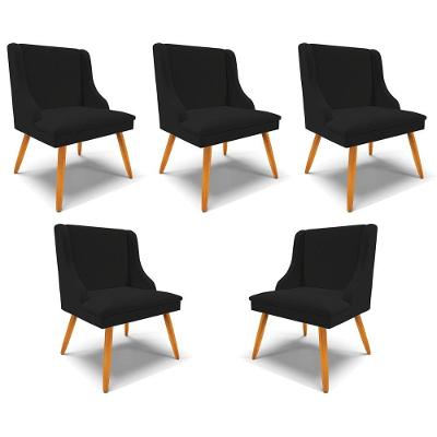Kit 5 Cadeiras Decorativas Sala De Jantar Pés Palito De Madeira Firenze Linho Preto/natural G19
