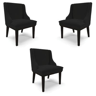 Kit 3 Cadeiras Decorativas Sala De Jantar Base Fixa De Madeira Firenze Linho Preto G19 - Gran Belo