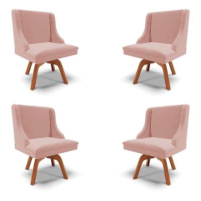 Kit 4 Cadeiras Decorativas Sala De Jantar Base Giratória De Madeira Firenze Veludo Rosê/natural G19 - Gran Belo