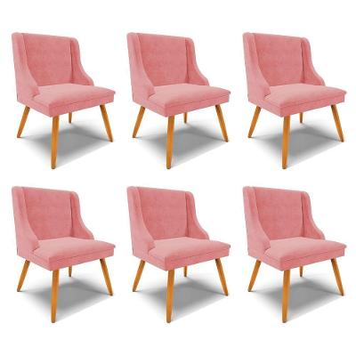 Kit 6 Cadeiras Decorativas Sala De Jantar Pés Palito De Madeira Firenze Suede Rosê/natural G19 - Gran Belo
