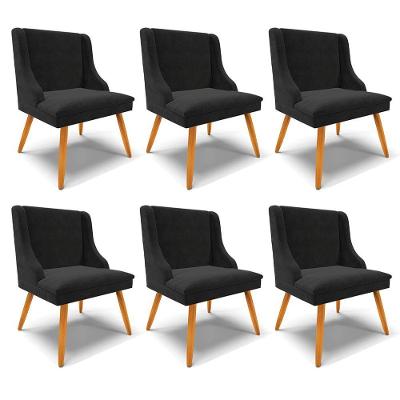 Kit 6 Cadeiras Decorativas Sala De Jantar Pés Palito De Madeira Firenze Suede Preto/natural G19