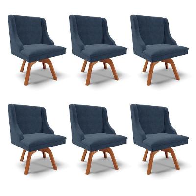 Kit 6 Cadeiras Decorativas Sala De Jantar Base Giratória De Madeira Firenze Suede Azul Marinho