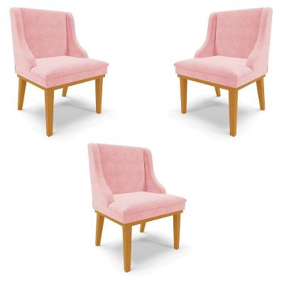 Kit 3 Cadeiras Decorativas Sala De Jantar Base Fixa De Madeira Firenze Suede Rosa Bebê/castanho G19