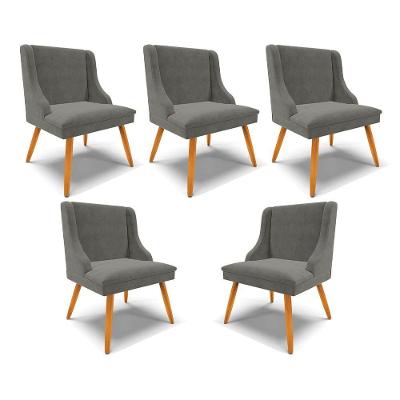 Kit 5 Cadeiras Decorativas Sala De Jantar Pés Palito De Madeira Firenze Suede Grafite/natural G19 - Gran Belo