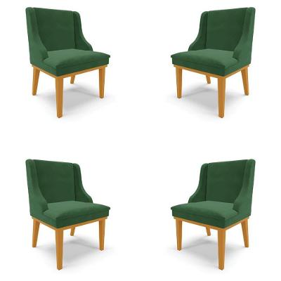 Kit 4 Cadeiras Decorativas Sala De Jantar Base Fixa De Madeira Veludo Verde Esmeralda/castanho