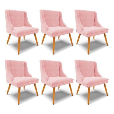 Kit 6 Cadeiras Decorativas Sala De Jantar Pés Palito De Madeira Firenze Suede Rosa Bebê/natural G19
