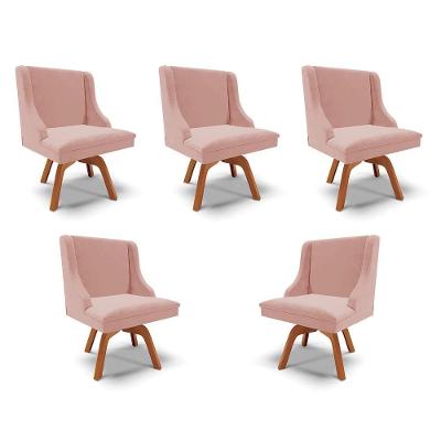 Kit 5 Cadeiras Decorativas Sala De Jantar Base Giratória De Madeira Firenze Veludo Rosê/natural G19 - Gran Belo