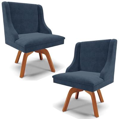 Kit 2 Cadeiras Decorativas Sala De Jantar Base Giratória De Madeira Firenze Suede Azul Marinho