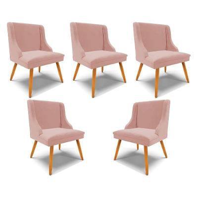 Kit 5 Cadeiras Decorativas Sala De Jantar Pés Palito De Madeira Firenze Veludo Rosê/natural G19 - Gran Belo