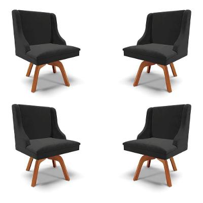 Kit 4 Cadeiras Decorativas Sala De Jantar Base Giratória De Madeira Firenze Veludo Preto/natural G19