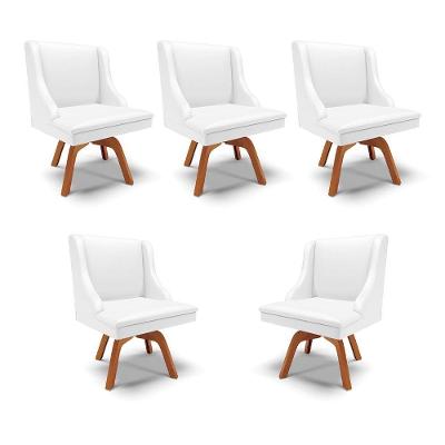 Kit 5 Cadeiras Decorativas Sala De Jantar Base Giratória De Madeira Firenze Pu Branco Fosco/natural