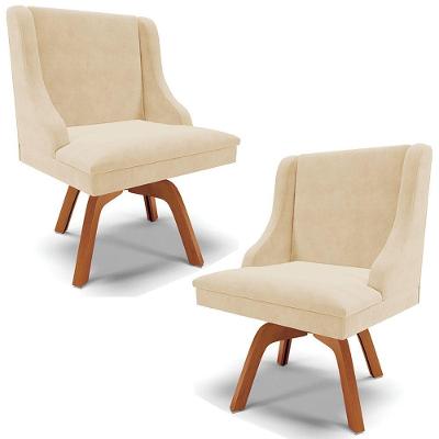 Kit 2 Cadeiras Decorativas Sala De Jantar Base Giratória De Madeira Firenze Suede Bege/natural G19