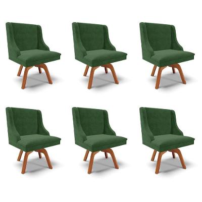 Kit 6 Cadeiras Decorativas Sala De Jantar Base Giratória De Madeira Firenze Suede Verde Esmeralda/natural G19 - Gran Belo