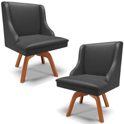 Kit 2 Cadeiras Decorativas Sala De Jantar Base Giratória De Madeira Firenze Pu Preto Fosco/natural