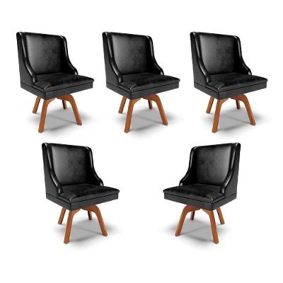 Kit 5 Cadeiras Decorativas Sala De Jantar Base Giratória De Madeira Firenze Pu Preto Brilho/natural G19 - Gran Belo