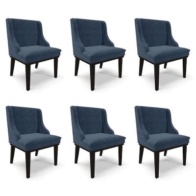 Kit 6 Cadeiras Decorativas Sala De Jantar Base Fixa De Madeira Firenze Suede Azul Marinho/preto G19 - Gran Belo