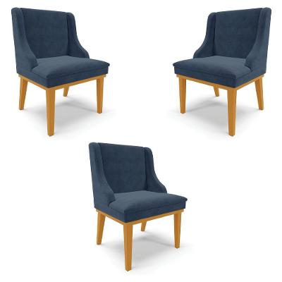 Kit 3 Cadeiras Decorativas Sala De Jantar Base Fixa De Madeira Firenze Suede Azul Marinho/castanho