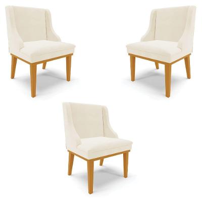 Kit 3 Cadeiras Decorativas Sala De Jantar Base Fixa De Madeira Firenze Veludo Bege/castanho G19