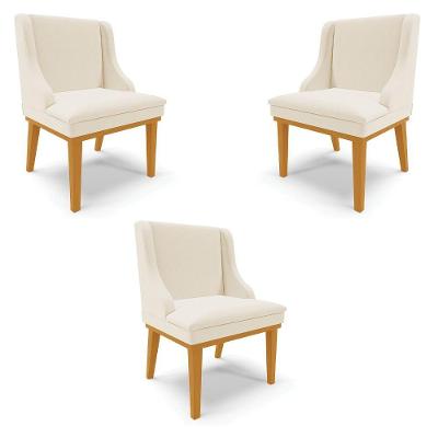 Kit 3 Cadeiras Decorativas Sala De Jantar Base Fixa De Madeira Firenze Linho Bege/castanho G19