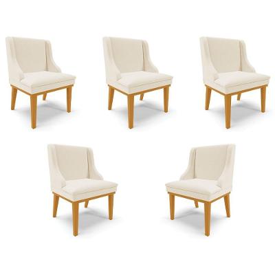 Kit 5 Cadeiras Decorativas Sala De Jantar Base Fixa De Madeira Firenze Linho Bege/castanho G19