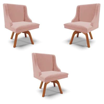 Kit 3 Cadeiras Decorativas Sala De Jantar Base Giratória De Madeira Firenze Veludo Rosê/natural G19