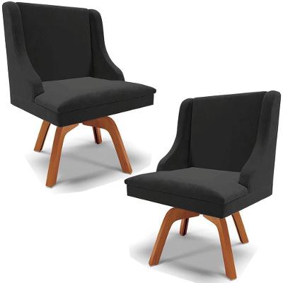 Kit 2 Cadeiras Decorativas Sala De Jantar Base Giratória De Madeira Firenze Veludo Preto/natural G19