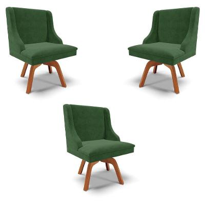 Kit 3 Cadeiras Decorativas Sala De Jantar Base Giratória De Madeira Firenze Suede Verde Esmeralda