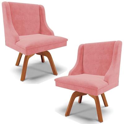 Kit 2 Cadeiras Decorativas Sala De Jantar Base Giratória De Madeira Firenze Suede Rosê/natural G19