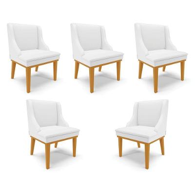 Kit 5 Cadeiras Decorativas Sala De Jantar Base Fixa De Madeira Firenze Pu Branco Fosco/castanho G19 - Gran Belo