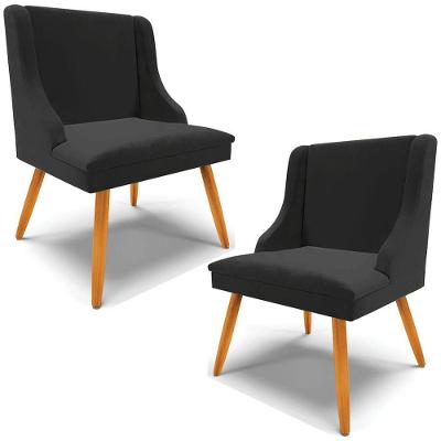 Kit 2 Cadeiras Decorativas Sala De Jantar Pés Palito De Madeira Firenze Veludo Preto/natural G19 - Gran Belo