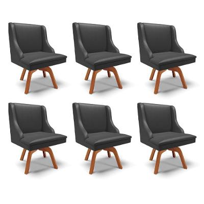 Kit 6 Cadeiras Decorativas Sala De Jantar Base Giratória De Madeira Firenze Pu Preto Fosco/natural G19 - Gran Belo