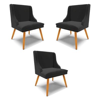 Kit 3 Cadeiras Decorativas Sala De Jantar Pés Palito De Madeira Veludo Preto/natural