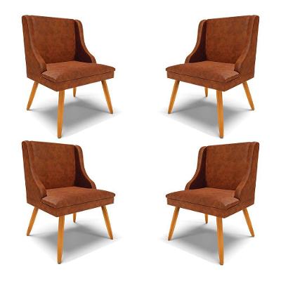 Kit 4 Cadeiras Decorativas Sala De Jantar Pés Palito De Madeira Pu Nozes/natural