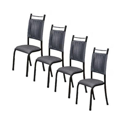Conjunto 4 Cadeiras Chicago De Jantar Em Couro Cinza E Rattan Com Metal Preto