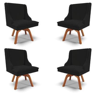 Kit 4 Cadeiras Decorativas Sala De Jantar Base Giratória De Madeira Firenze Linho Preto/natural G19