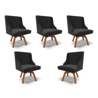Kit 5 Cadeiras Decorativas Sala De Jantar Base Giratória De Madeira Firenze Veludo Preto/natural