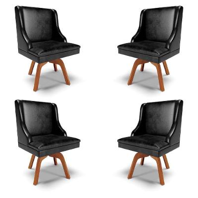 Kit 4 Cadeiras Decorativas Sala De Jantar Base Giratória De Madeira Firenze Pu Preto Brilho/natural
