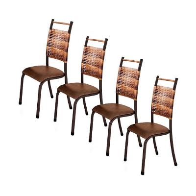 Conjunto 4 Cadeiras Chicago De Jantar Em Couro Caramelo E Rattan Com Metal Preto