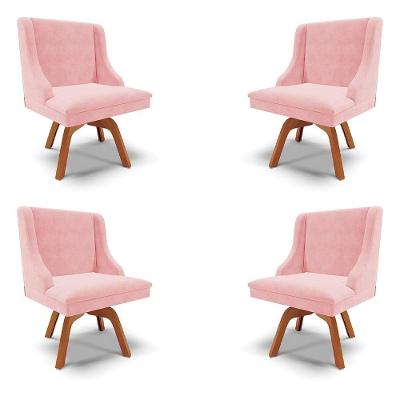Kit 4 Cadeiras Decorativas Sala De Jantar Base Giratória De Madeira Firenze Suede Rosa Bebê/natural