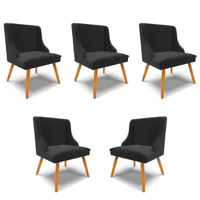 Kit 5 Cadeiras Decorativas Sala De Jantar Pés Palito De Madeira Firenze Veludo Preto/natural G19