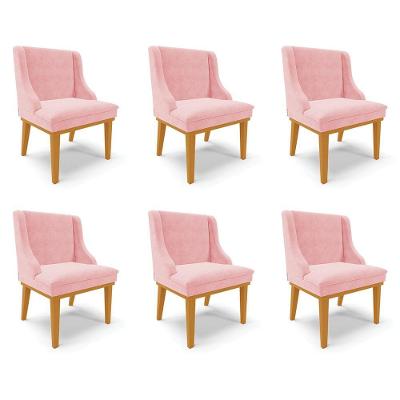 Kit 6 Cadeiras Decorativas Sala De Jantar Base Fixa De Madeira Firenze Suede Rosa Bebê/castanho G19